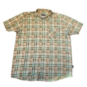 Patagonia Button Up Shirt Mens XL Beige Green Short Sleeve Organic Cotton